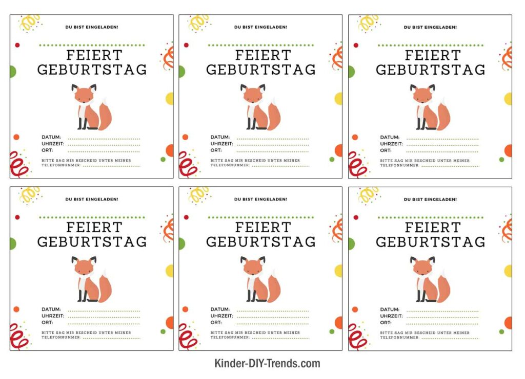 Fuchs Kindergeburtstag Einladung zum Ausdrucken gratis Vorlage