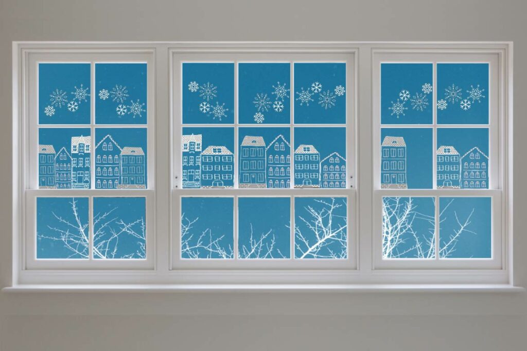 Vorlagen Fensterbild Kreidemarker Kreidestift Öltrick Häuser Winter Schneeflocken