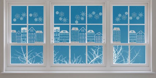 Vorlagen Fensterbild Kreidemarker Kreidestift Öltrick Häuser Winter Schneeflocken