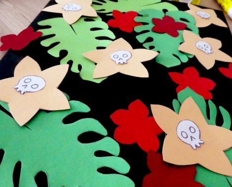 Vorlagen aufkleben - Postmappe Upcycling mit Monstera Blättern und Totenkopf