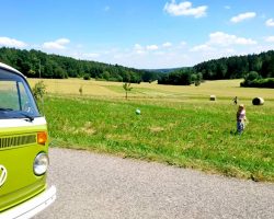 Kinder-DIY-Trends-treecup-Familienausflug-Wiese VW Bus VW T2 Bloggerkooperation